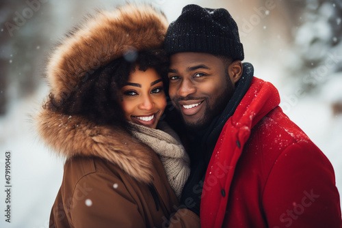 Generative AI portrait of a cheerful beautiful sweet couple cuddling and enjoying romantic feelings on winter snowy day outdoor photo