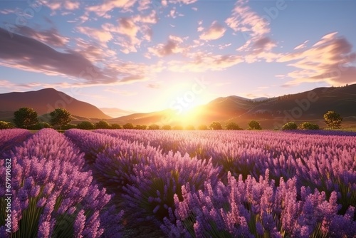 Beautiful lavender field at sunset landscape. Generative AI