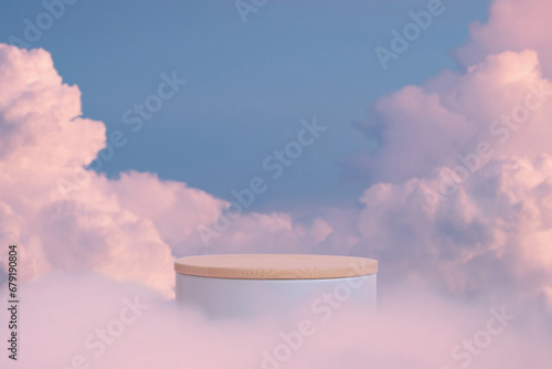 Photography Minimal podium table top in outdoor on blue sky pink pastel soft cloud background