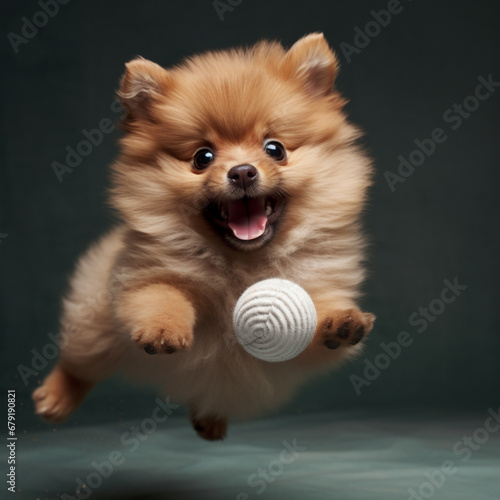 Fotografia con detalle de pequeño cahorro de simpatico perro corriendo detras de una pelota photo
