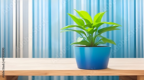 Wooden table  Complemented by a vibrant potted plant blurred background. Trendy modern background for presentation