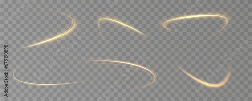 Golden glowing swirl. The effect of moving at the speed of light. Easy trail. Shiny wavy path. Vector.Neon light.	