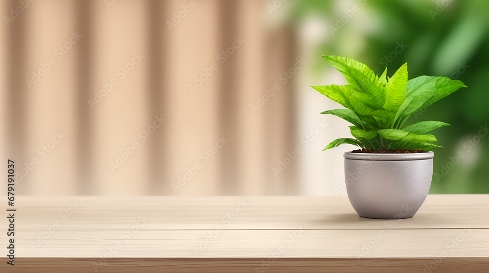 Fototapeta premium Wooden table, Complemented by a vibrant potted plant blurred background. Trendy modern background for presentation