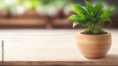 Wooden table  Complemented by a vibrant potted plant blurred background. Trendy modern background for presentation