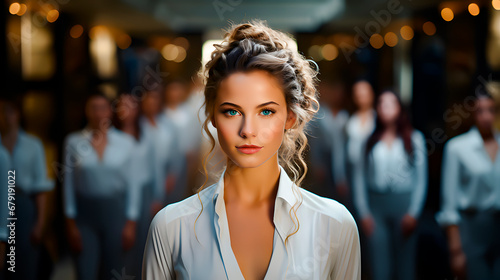 Young girl in front of a group of people. Concept of femininity women's empowerment