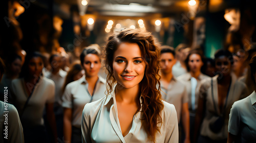 Young girl in front of a group of people. Concept of femininity women s empowerment