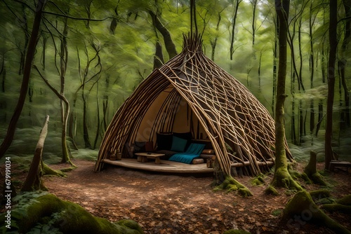 Step back in time and explore the heart of the forest, where a primitive wikiup shelter stands as a testament to ancient survival wisdom. photo