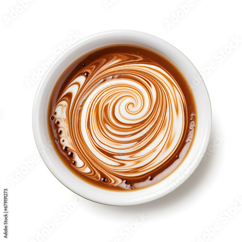 Top view coffee in cup isolated on white background