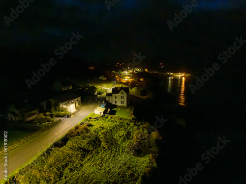Aerial night view of Portnoo in County Donegal, Ireland.