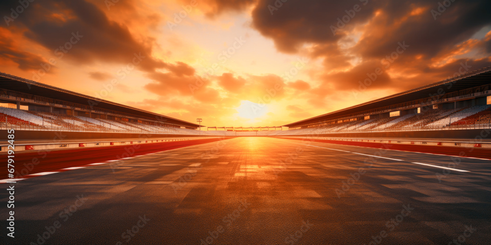 F1 race track circuit road with motion blur and grandstand stadium for Formula One racing - obrazy, fototapety, plakaty 