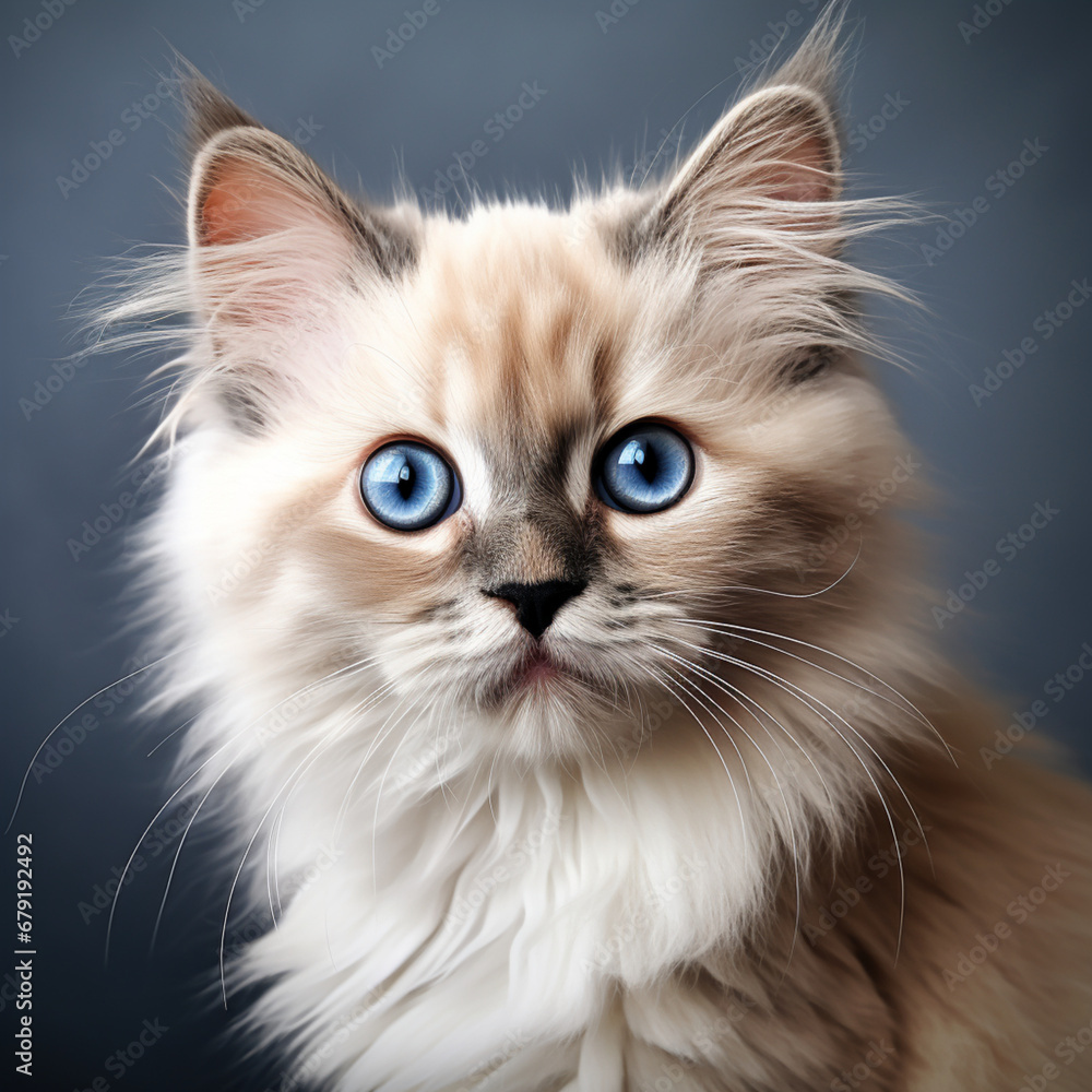 Fotografia con detalle de gato con pelo de tonos claros y ojos azules