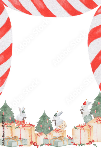 Fototapeta Naklejka Na Ścianę i Meble -  Watercolor Christmas card with cute bunnies and gift boxes. Frame with rabbits template on a white background for holiday cards and invitations