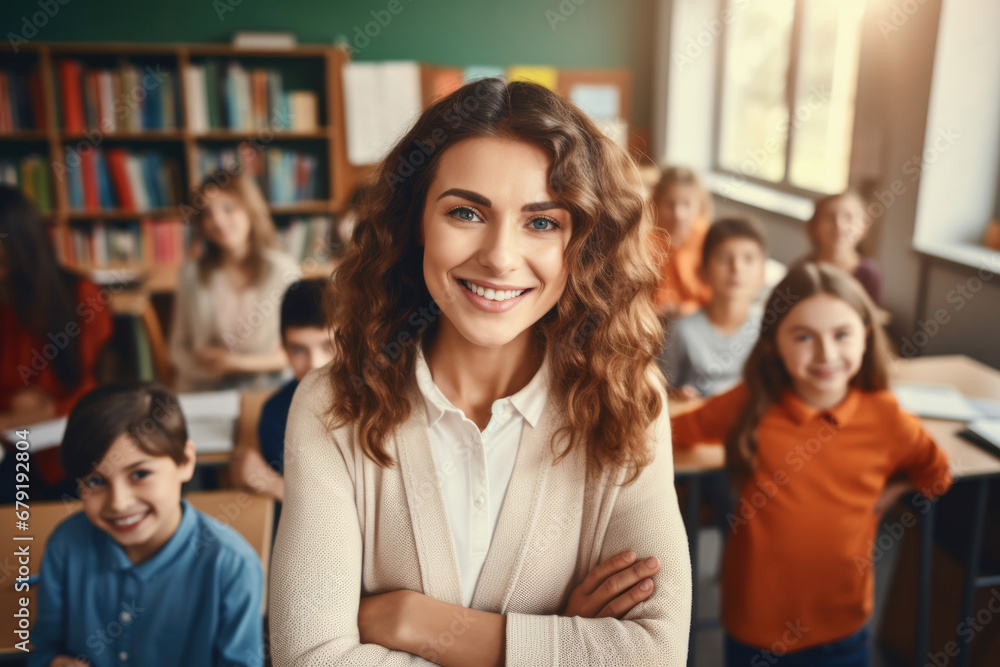 Smiling young teacher in a class