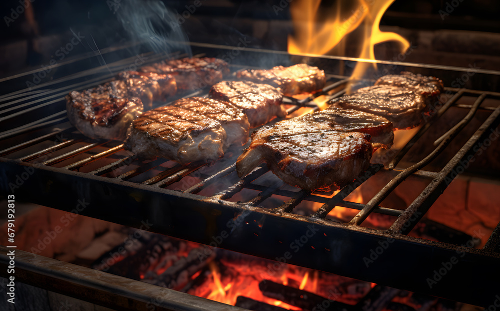 Promotional commercial photo barbecue steak fried on the grill in front of fire