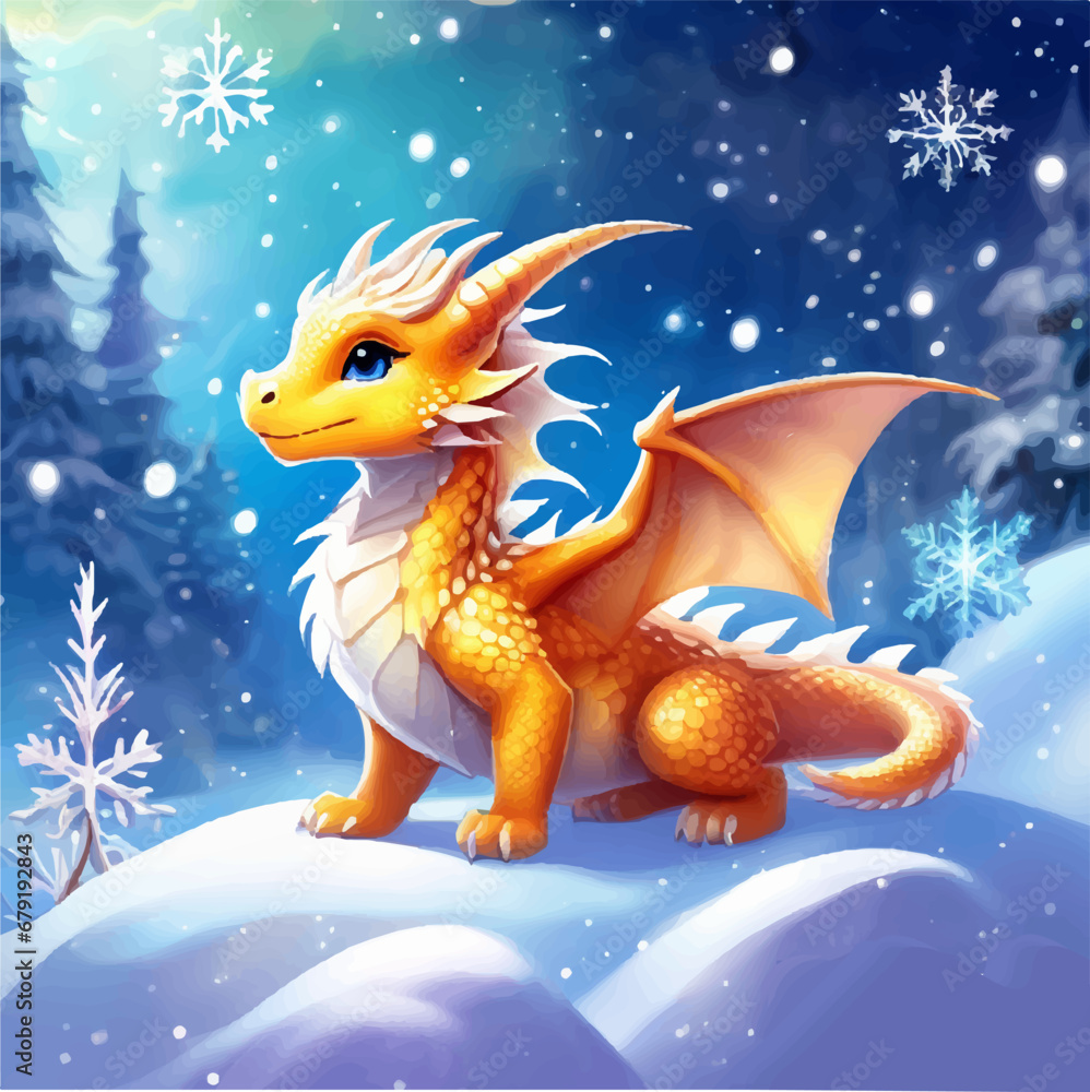 Beautiful dragon, on the background of the winter landscape symbol of the year 2024