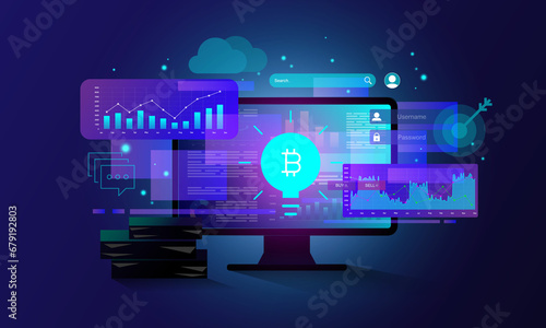 Laptop technology background image, financial graph concept, stock market and customer data analysis