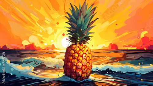 Hand drawn cartoon art abstract van Gogh style impressionist pineapple fruit illustration background material  © 俊后生