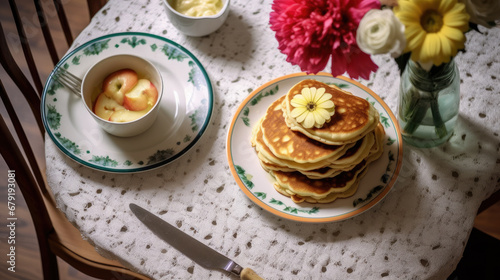 homemade breakfast - pancakes with apple sauce  vintage dishes  a bouquet of dahlias on a retro tablecloth on a wooden table