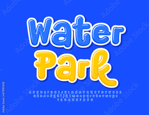 Fototapeta Naklejka Na Ścianę i Meble -  Vector funny poster Water Park.   Creative glossy Font. Funny Blue Alphabet Letters and Numbers set. 