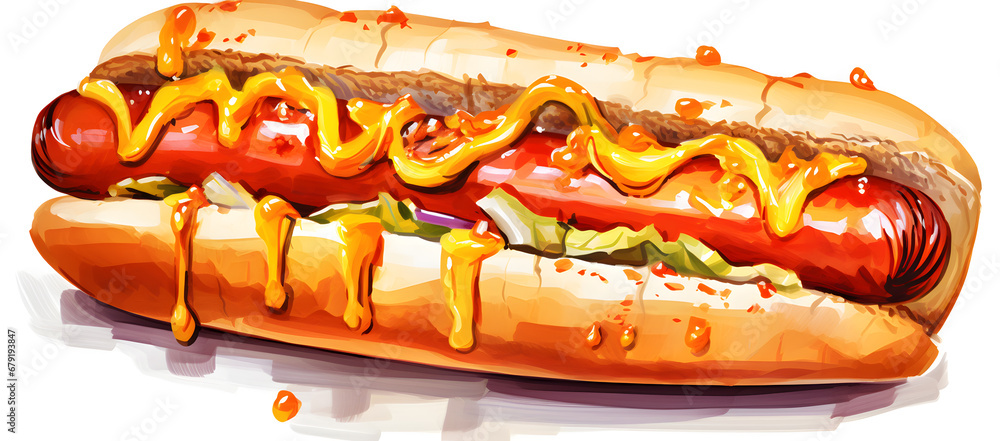 Delicious hotdog Watercolor illustration isolated on white background - obrazy, fototapety, plakaty 
