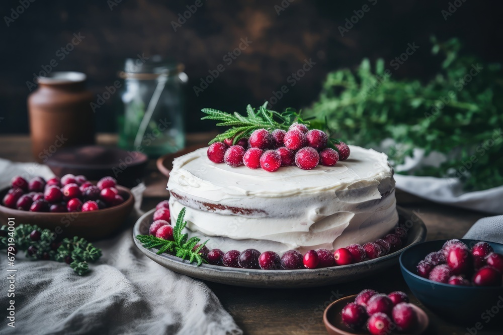 Christmas cake glazed and decorated with white cream and sugared cranberries on festive rustic table