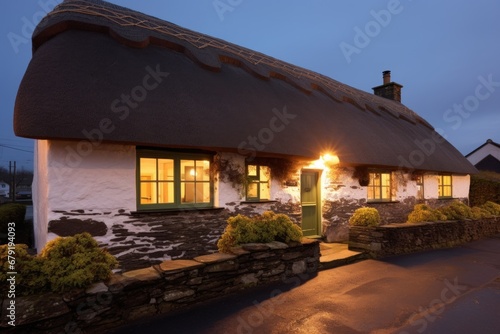 warmly lit windows of a stone cottage, meticulous thatched roof