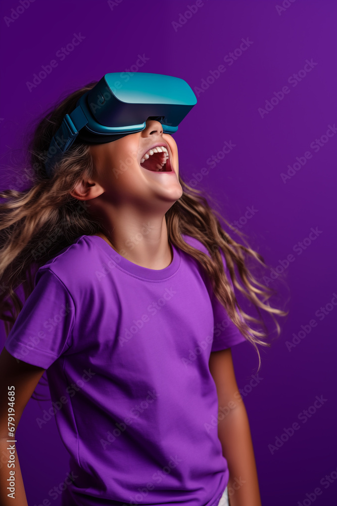 Young girl getting experience using VR headset glasses isolated on a blue background Young girl getting experience using VR headset glasses isolated on a blue background