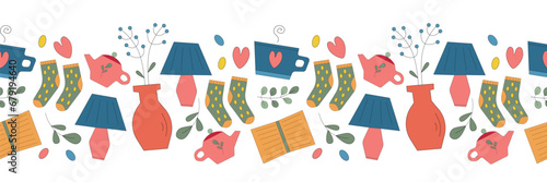 Vector seamless hygge border House plants socks cups teapot book and other cozy elements