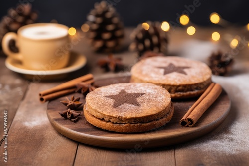 Cup of winter tea or coffee, cakes, biscuits, cinnamon, cones on wooden table background.