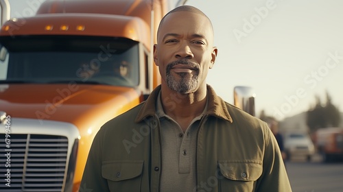Proud African American Truck Driver, Symbolizing Shipping and Transport Industry Vigor © sorin