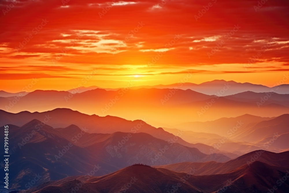 a vibrant orange sunrise over a serene mountain range