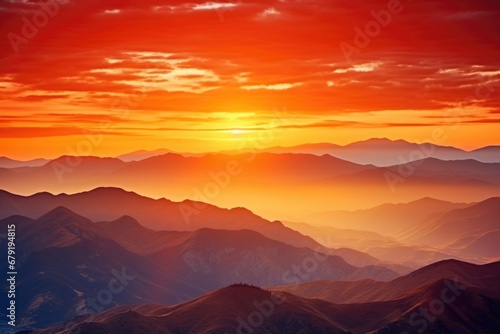a vibrant orange sunrise over a serene mountain range