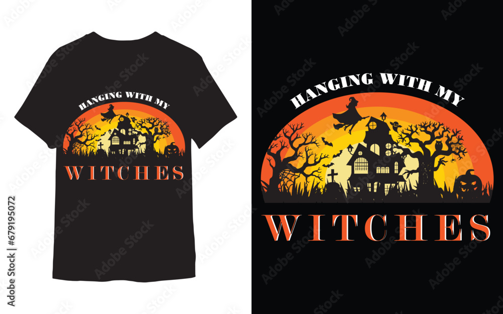 A t-shirt design with hollowed witches  and Pumpkin. 