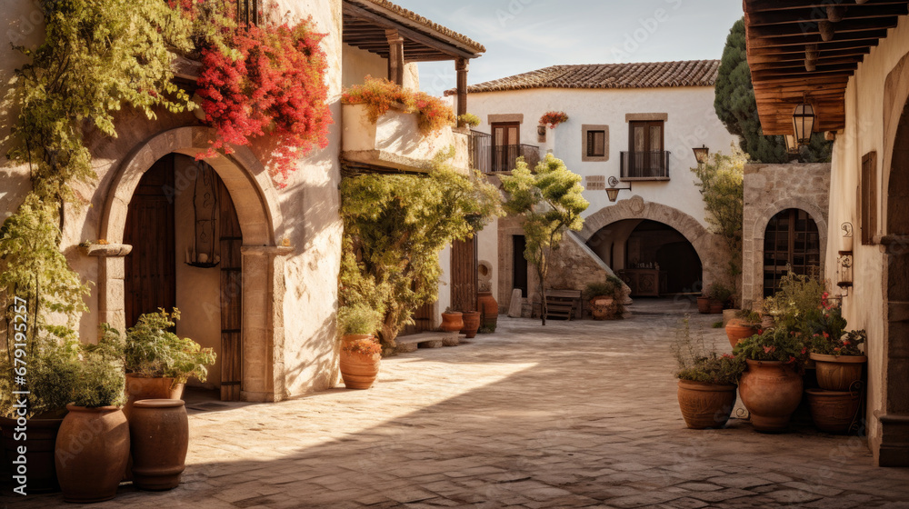 Historic Spanish courtyard with traditional architecture - obrazy, fototapety, plakaty 