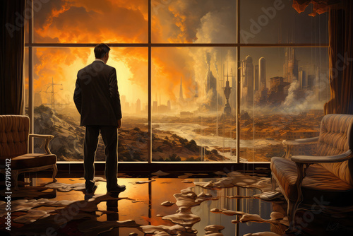 A man in a suit stands in front of a large window and looks at the ruined world.