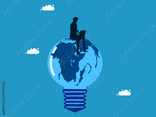 world of business learning. Businessman sitting on the globe light bulb vector