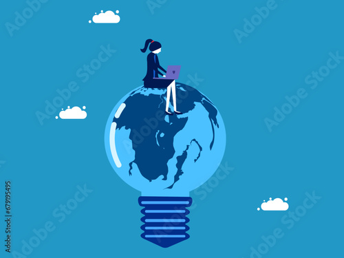 The world of business learning. Businesswoman sitting on the globe light bulb vector