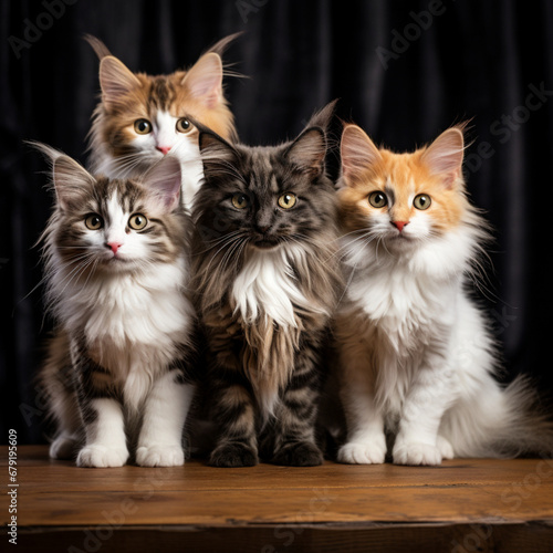 Fotografia con detalle de varios gatos posando  con fondo de tonos oscuros