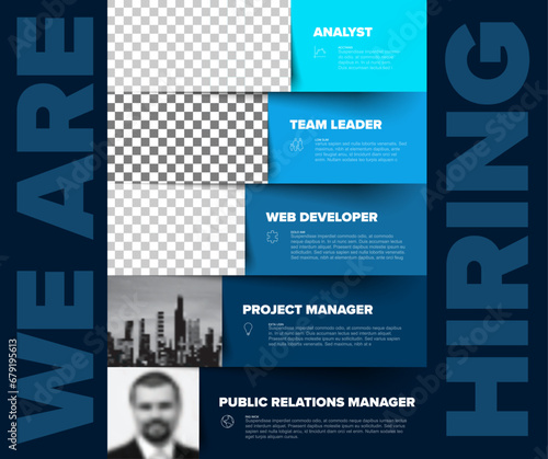 We are hiring minimalistic flyer template with blue stripes containing position names