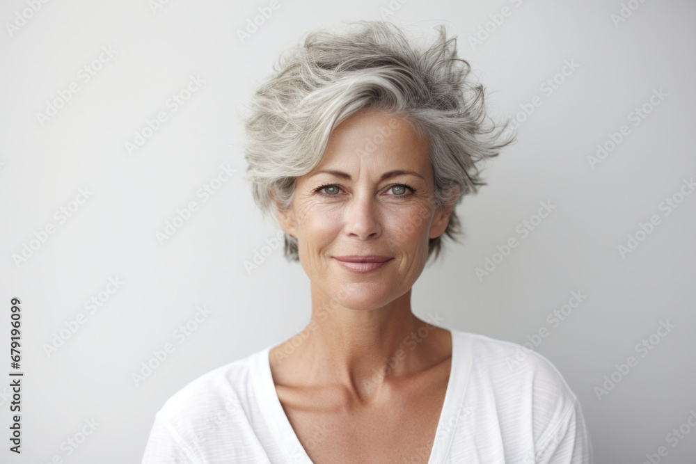 Confident mature woman with silver hair and white top, exuding elegance against a white backdrop