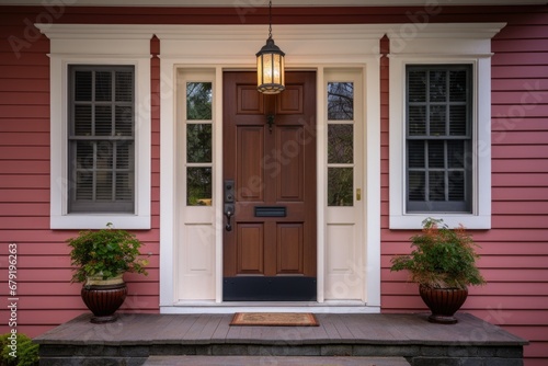 a polished wooden front door of a colonial revival house photo