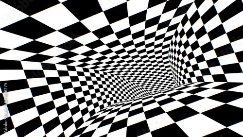 Inside Fast Black White Abstract Checkerboard Optical Illusion Tunnel - 4K Seamless VJ Loop Motion Background Animation