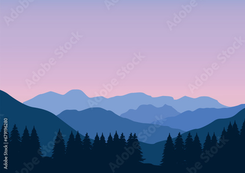 Landscape mountains and forest. Vector illustration in flat style. photo