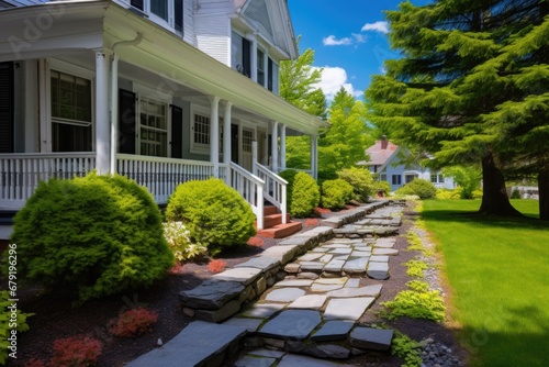 a stone pathway leading to the front door of a colonial revival home