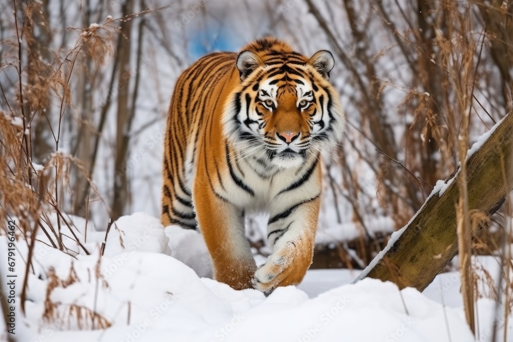 a siberian tiger traversing a snowy landscape in a large enclosure