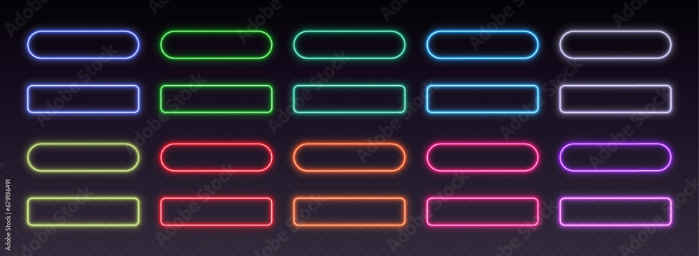 Neon button frames, gradient glowing borders, isolated UI elements. Futuristic sharp and rounded action buttons. Vector illustration.