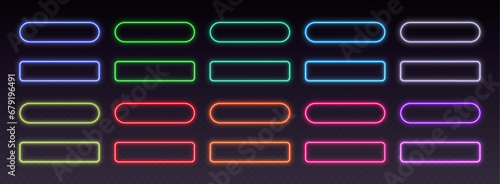 Neon button frames, gradient glowing borders, isolated UI elements. Futuristic sharp and rounded action buttons. Vector illustration.