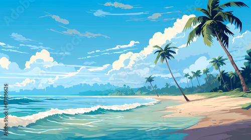 Tropical beach with palm trees and sea. 