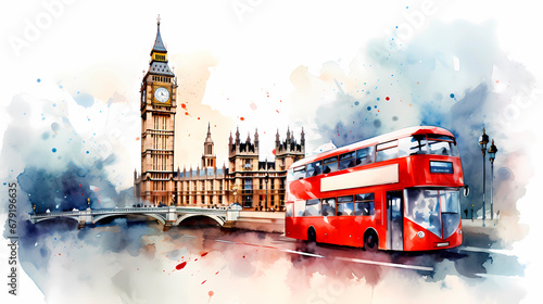 London Big Ben and double decker bus on watercolor painting background photo