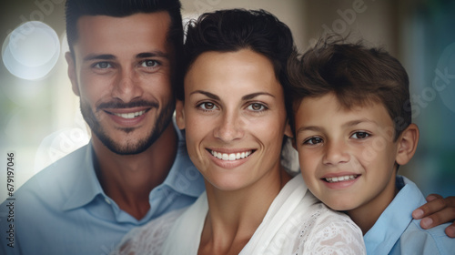 Warm family portrait, a man, woman, and child, all smiling, with a soft-focus background